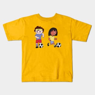 Drawing of a boy and a girl playing football Kids T-Shirt